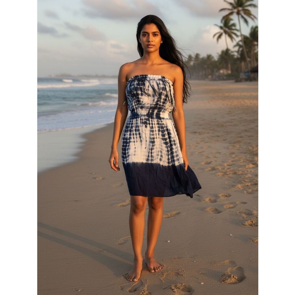 Beach By Exist Navy Blue White Tie Dye Boho Strapless Mini Swim Cover Up Dress M